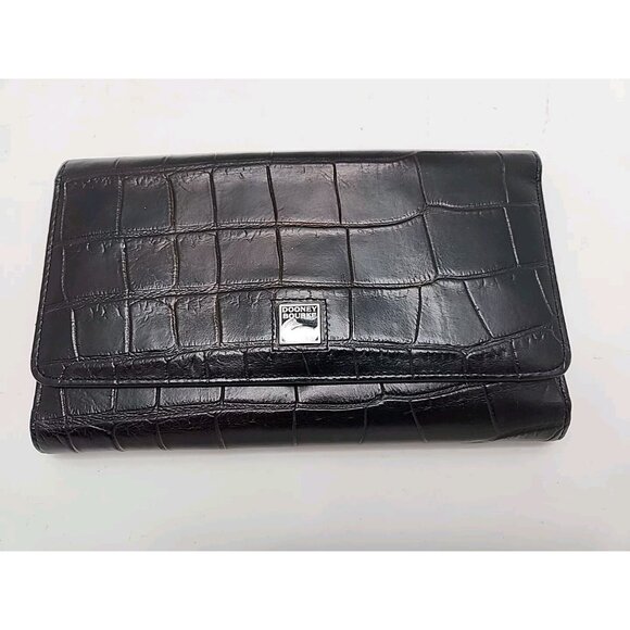 Vintage Dooney & Bourke Reptile Pattern Leather Trifold Checkbook Wallet Black - Picture 1 of 6